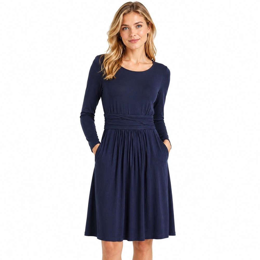 Boden Abigail Stretch Jersey Dress Navy Blue Long Sleeve Pockets US 2R